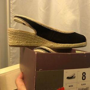 Black peep toe canvas wedges